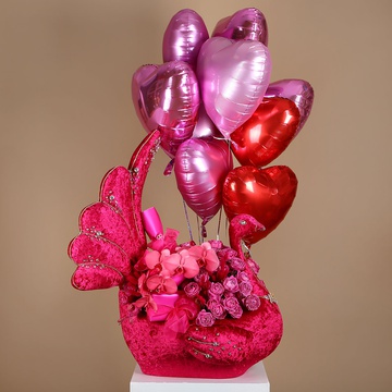 Pink peacock with roses and balloons