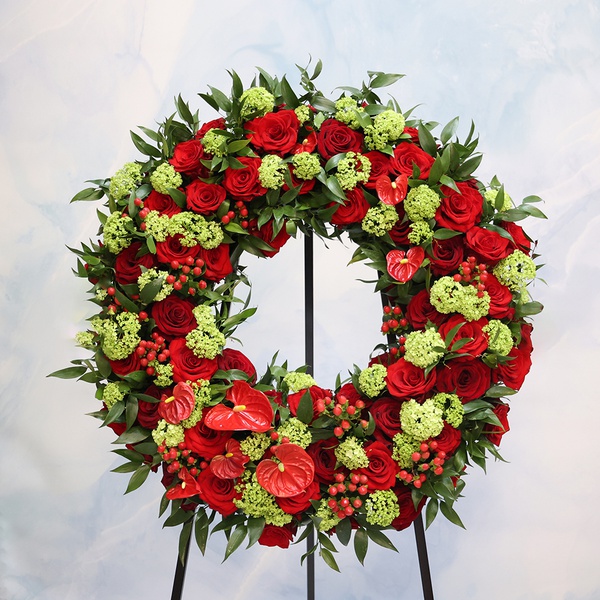 Mourning wreath of rose, viburnum and anthurium