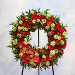 Mourning wreath of rose, viburnum and anthurium