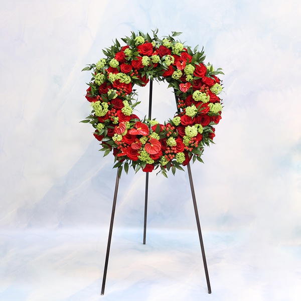 Mourning wreath of rose, viburnum and anthurium