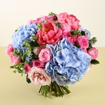 Bouquet with peonies and blue hydrangeas