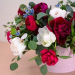 White and burgundy peonies in a box