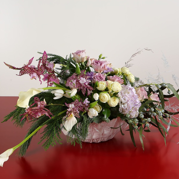 Floral interior composition in white and lilac colors