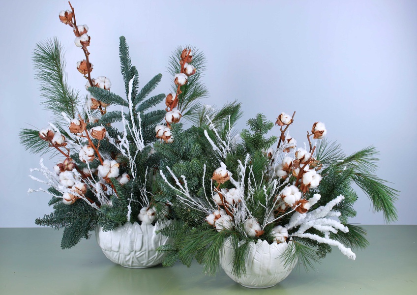 Christmas composition with needles and cotton
