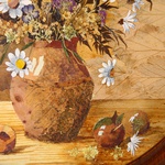 Круглая картина в технике ошибана "Букет ромашек"