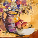 Круглая картина в технике ошибана "Полевой букет с фруктами"