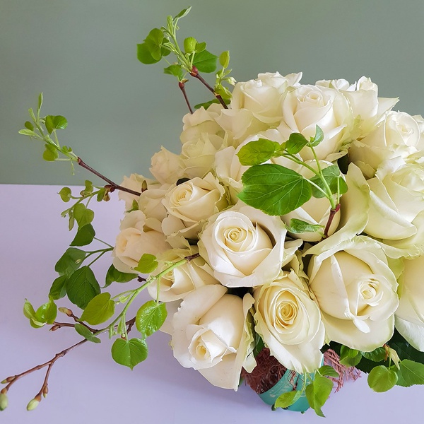 Bouquet of 35 white roses in coconut bark