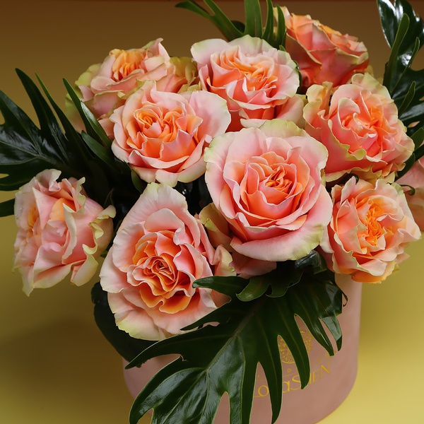 Композиция из 15 персиковых роз Шиммер