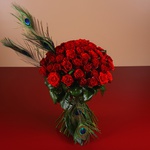 Bouquet of 51 red roses and feathers
