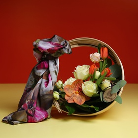 Composition in a basket with a silk scarf