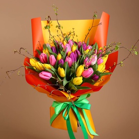 Bright bouquet of 51 tulips