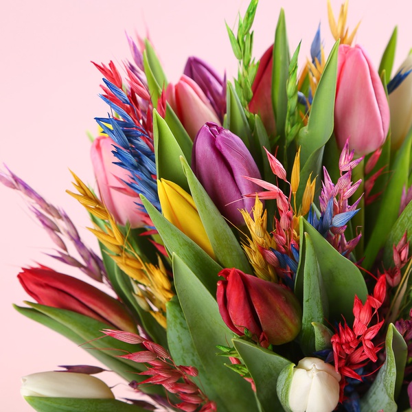 Bouquet “25 Tulips with Colored Oats”