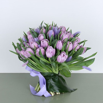 Букет з 51 ніжно-фіолетових піоновідних тюльпанів та лагурусу