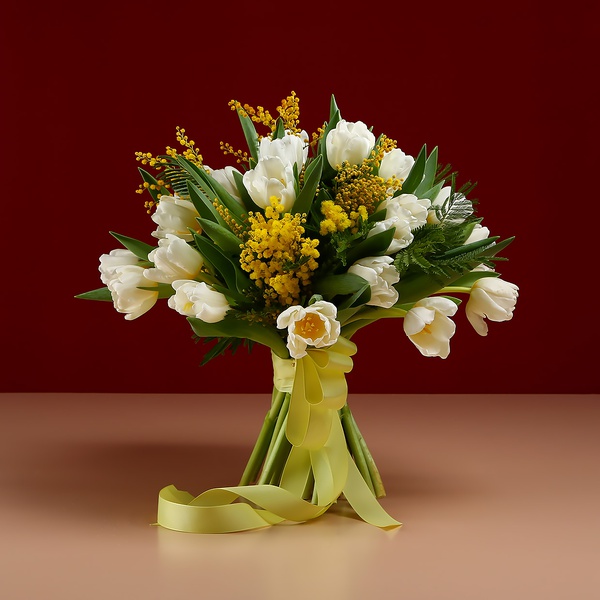 Bouquet of 25 white tulips and mimosa