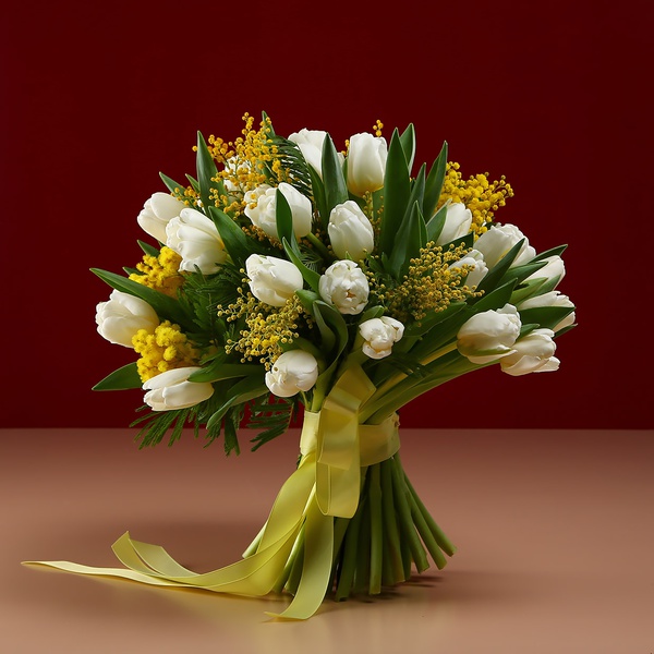 Bouquet of 35 white tulips and mimosa