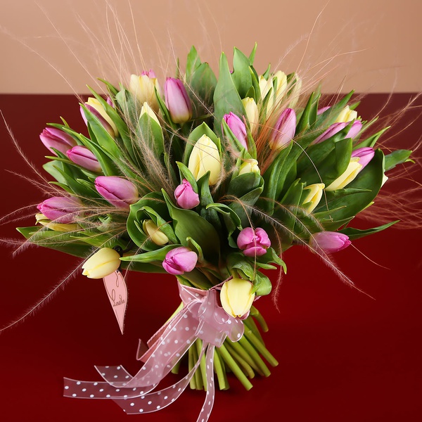 Bouquet of 51 delicate tulips and stiffs