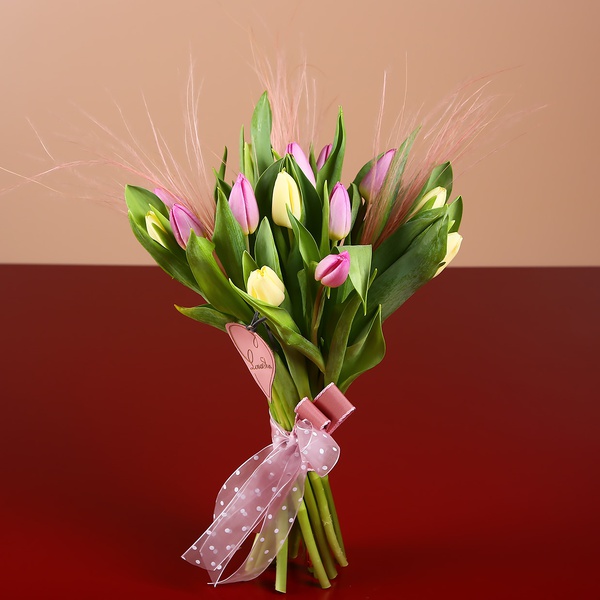 Bouquet of 15 delicate tulips and stiffs