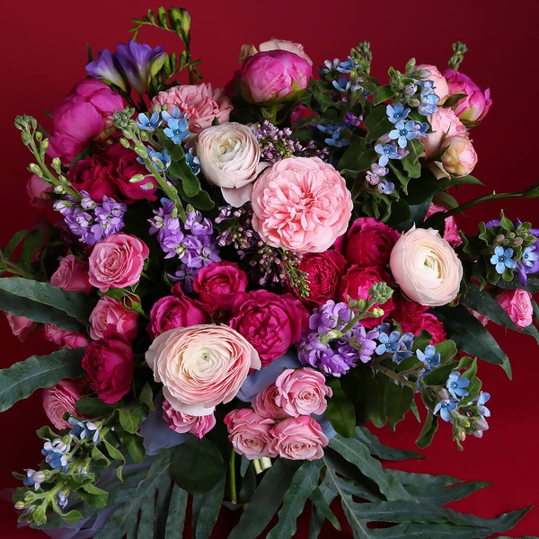 Bouquet with peonies, roses and freesia