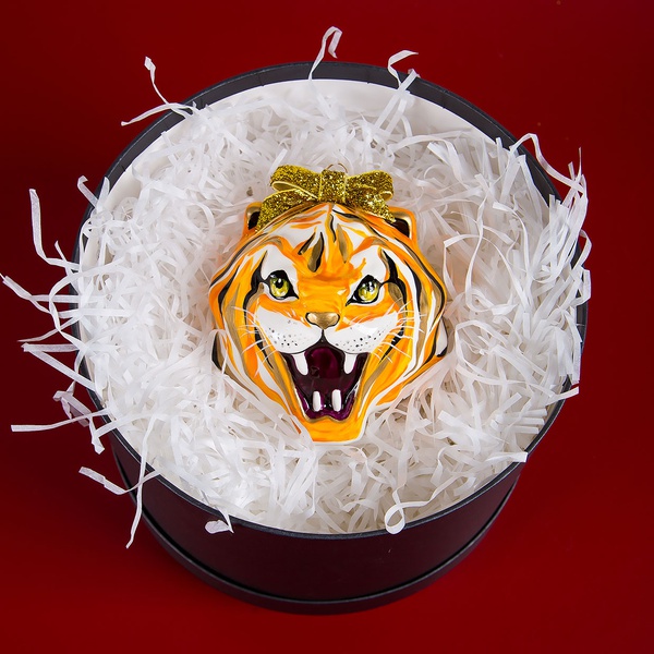 Новогодний керамический шар "Тигр" рыжий с розписью