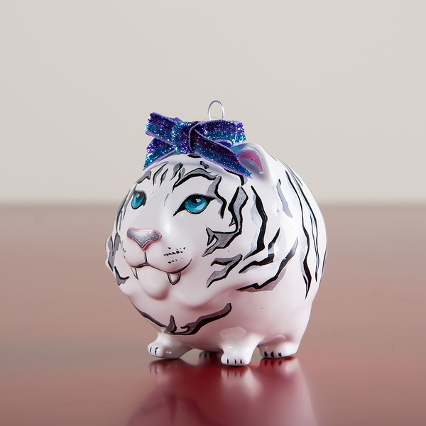 Новогодний расписной шар "Тигр" белый с серебром