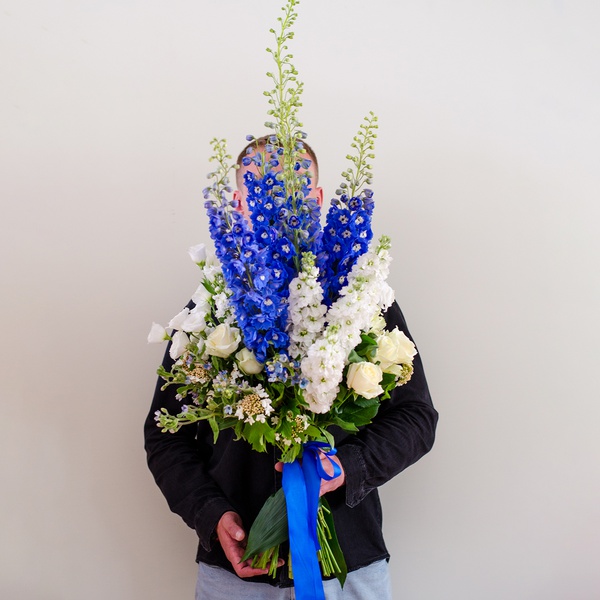 Bouquet for men with white-blue delphinium
