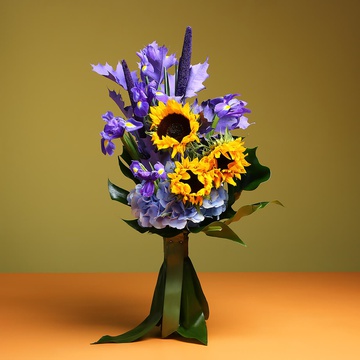 Bouquet for a man with irises and sunflowers