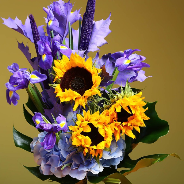 Men's bouquet with irises and sunflowers