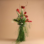 Man's bouquet with red amaryllis
