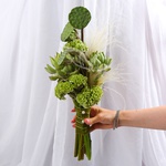 «Green Code» is a wedding bouquet of celosia and artichokes